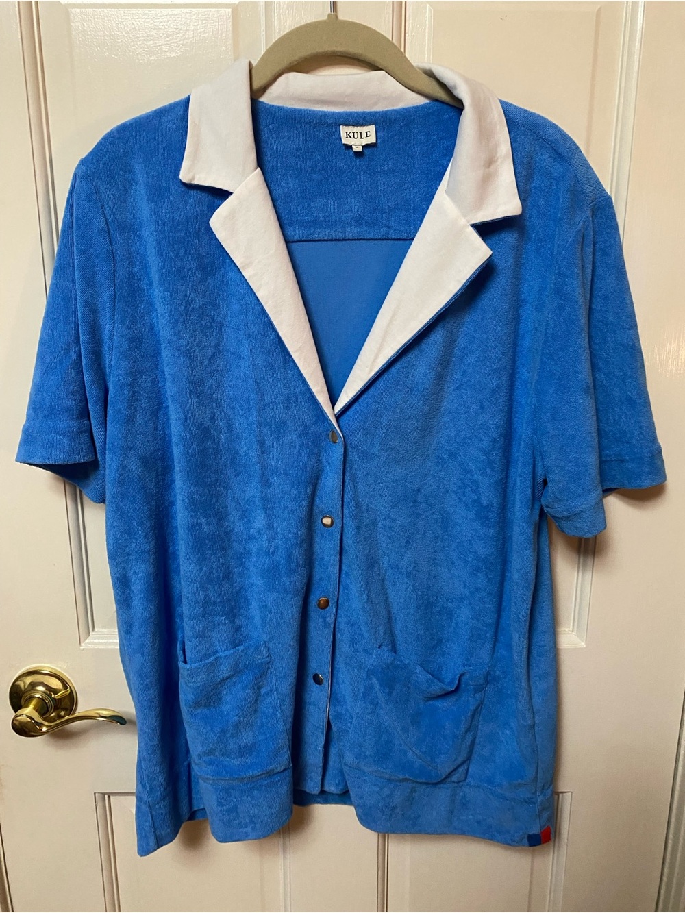 KULE Short-Sleeve Terry Button-Up Jacket in Bright Blue with White Collar